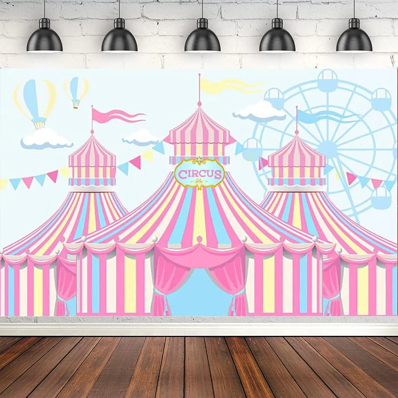 Pink Circus Photography Backdrop Cartoon Playground Blue Ferris Wheel Hot Air Balloon Baby Shower Party Kids Birthday Background