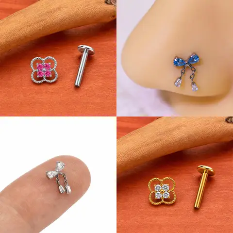 Medical Grade Titanium Four Leaf Clover Bow Zircon Stud Earrings F136 Unisex Cartilage Helix Lip Labret Body Piercing Jewelry