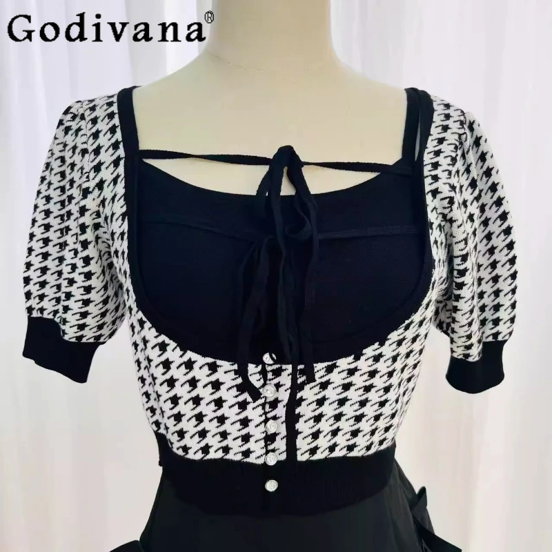 

Милый вязаный топ в японском стиле, жилет, комплект из 2 предметов, новинка лета 2025 года, женская облегающая элегантная повседневная футболка для девочек, женская одежда