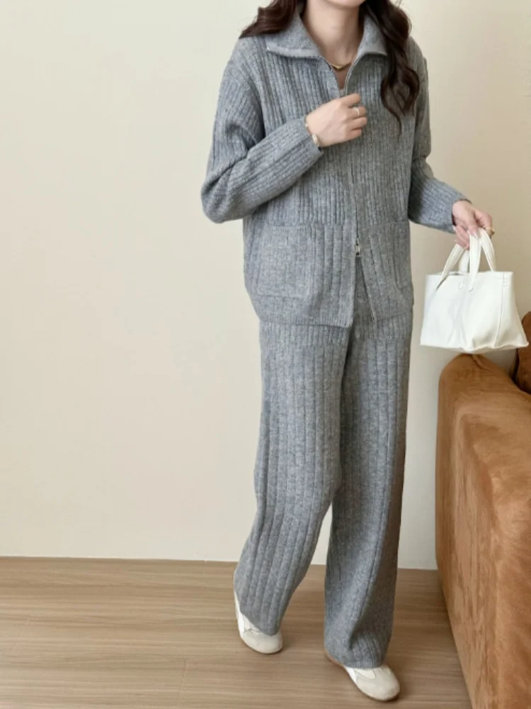 SMTHMA 2025 Nieuwe Herfst Winter Rits Kraag Zachte Gebreide Trui Tweedelige Set Casual Lange Broek 2-delige outfits