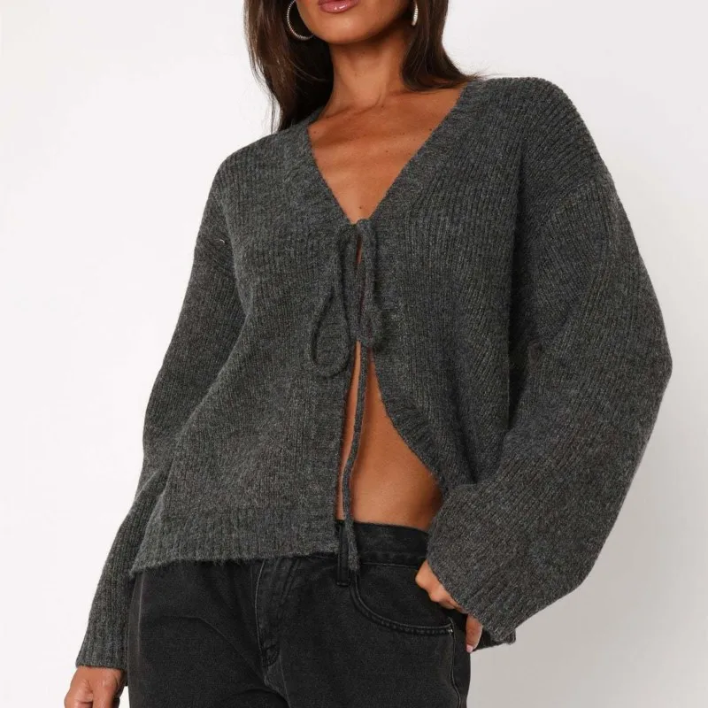 

2025 весна осень новый сексуальный кардиган с глубоким V-образным вырезом, женский модный однотонный свободный кружевной кардиган с длинными рукавами, вязаный топ для