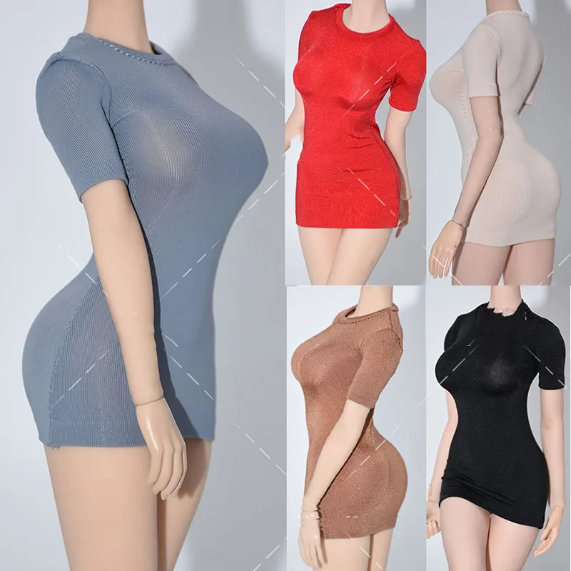 

5 Colors 1/6 Scale Round Neck Half Sleeve Ice Silk Dress Tights Skirt Clothes Model for 12'' Action Figure Body