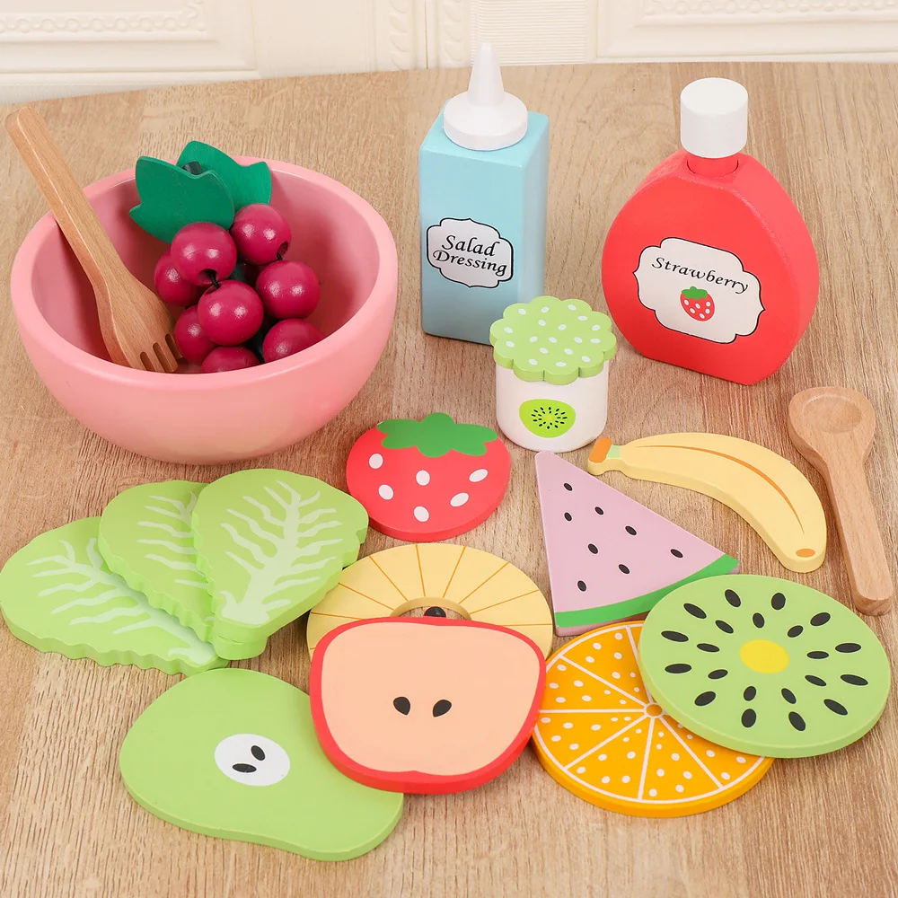 Kitchen Toy High quality pretend play kids simulation wooden food salad set creative wooden fruit toy Early education Play House