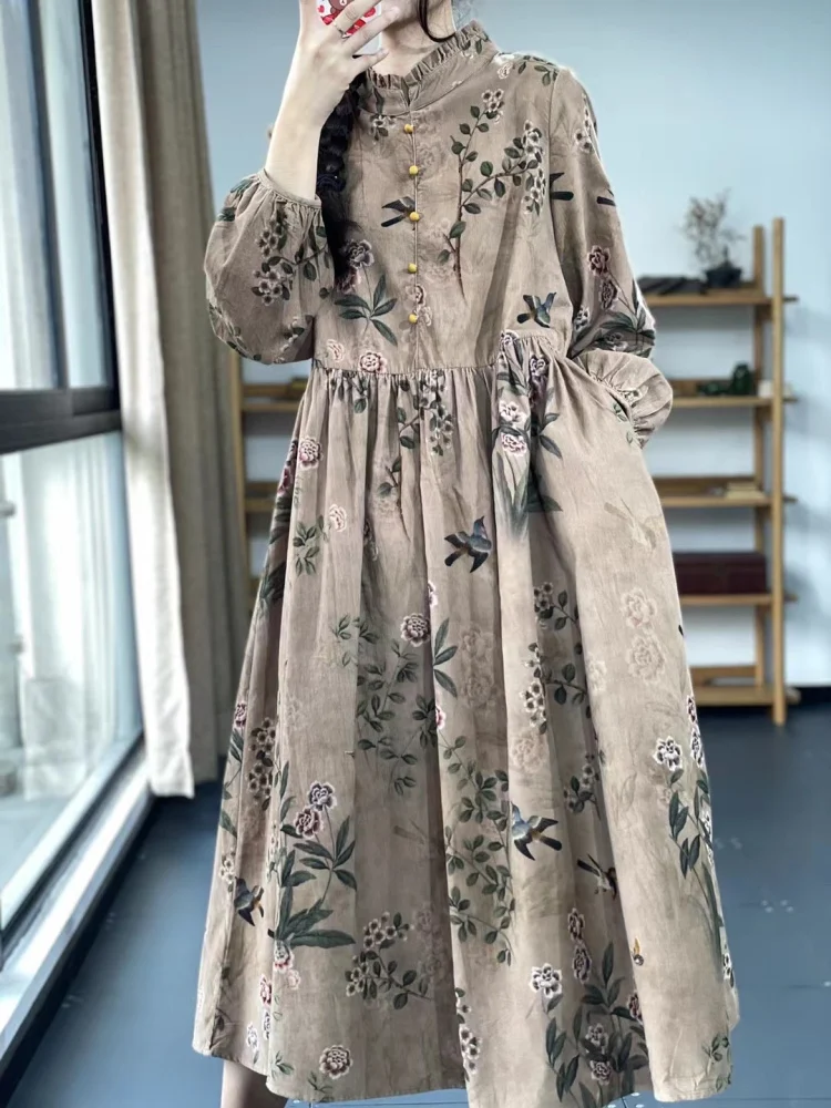 Retro artístico étnico estampa longa Sve feminino Dr primavera outono solto emagrecimento madeira ain saia coreana Sle A-Line...