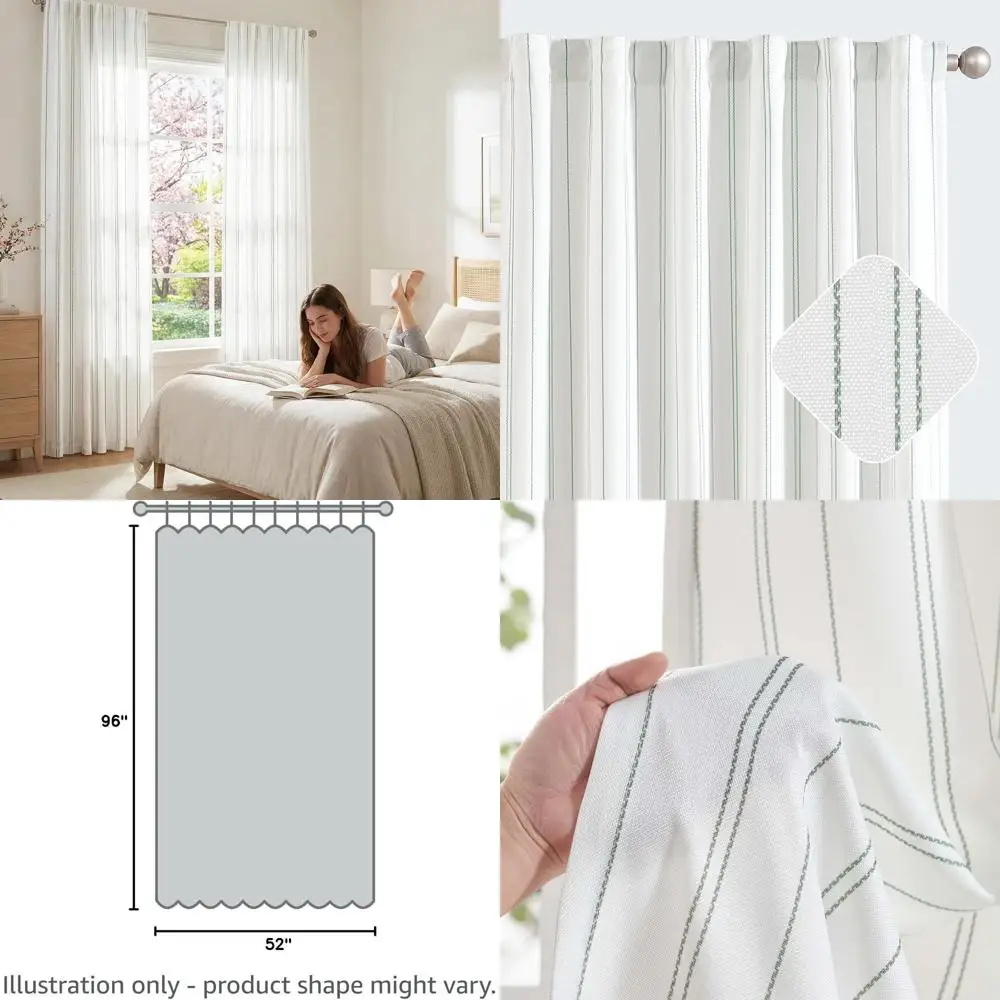 

Modern Pinstripe Linen-Look Curtains, 96 Green Stripes, Privacy & Light Filtering, Back Tab, 2-Panel Set for Living Room & Bedro