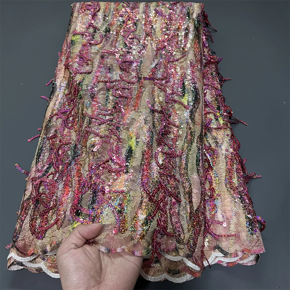 

2025 African Nigerian High-Quality Sequins Tulle Lace Fabric for Prom Dresses Beads Embroidery Sewing Net Cloth 5Yard PS0085