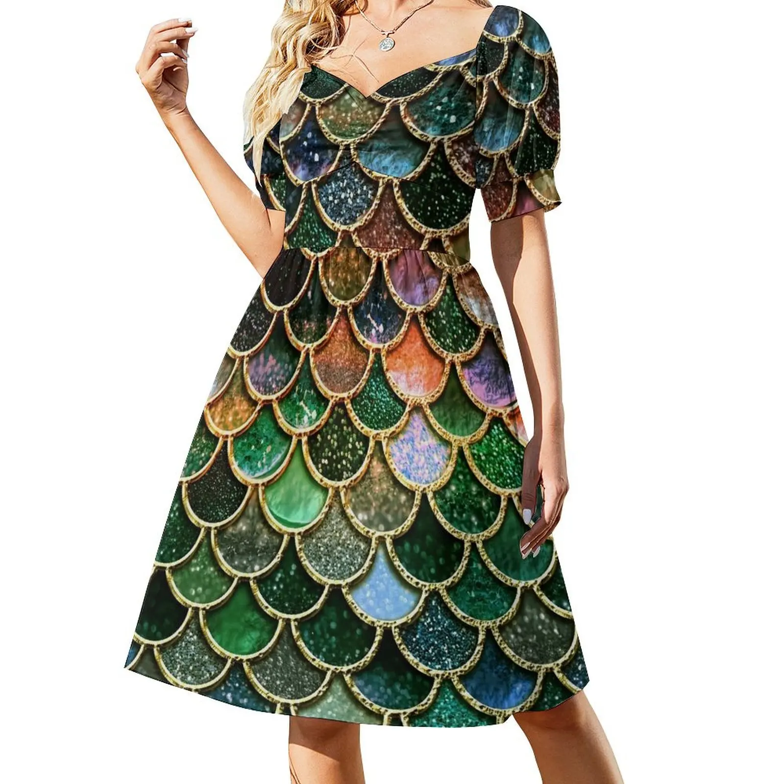 Green Sparkle Faux Glitter Mermaid Scales Short Sleeved Dress luxury evening dresses 2025 dresses korean style women dress Dress