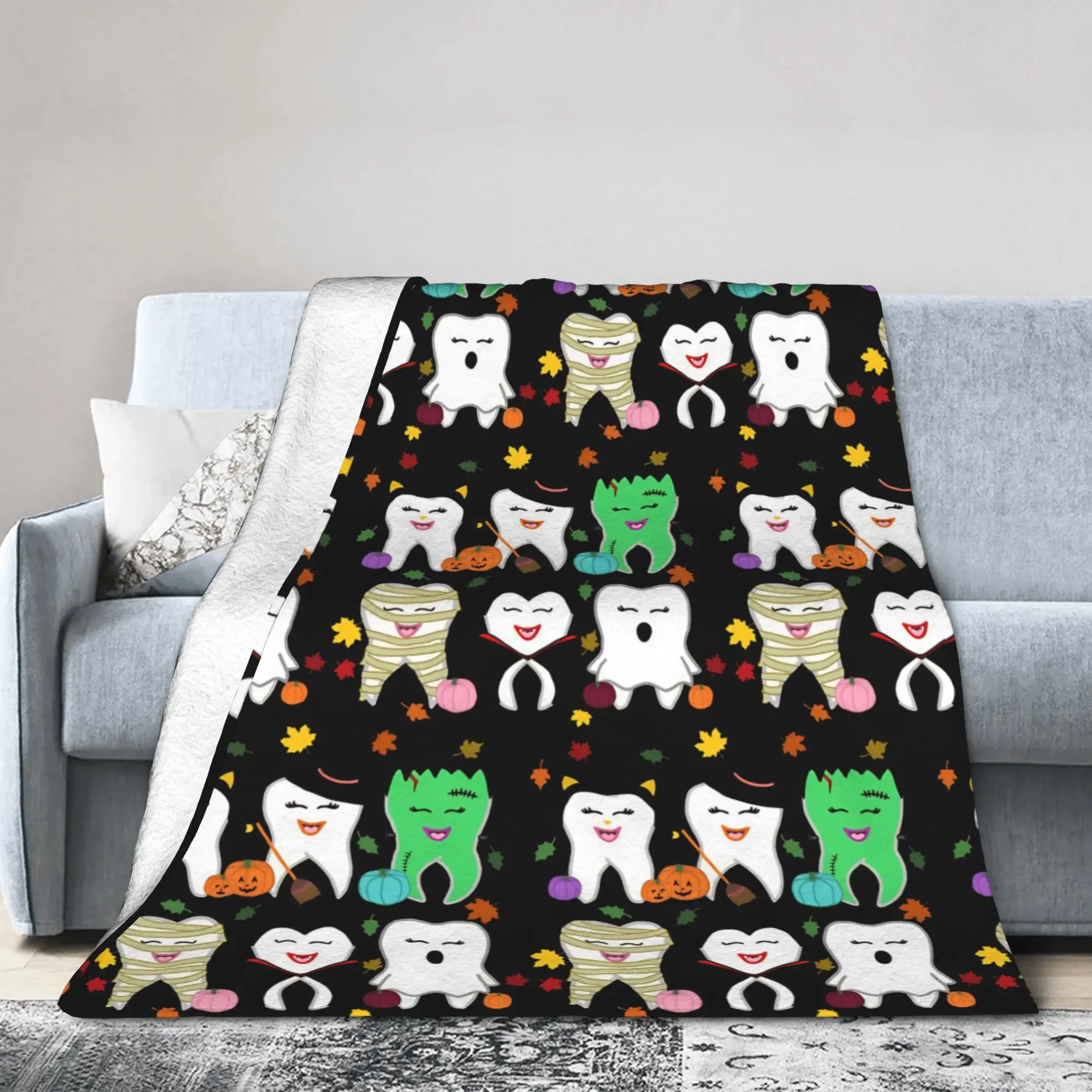 Teeth Crew  Blanket Cover Cartoon Teeth Helloween Fuzzy Throw Blanket Summer Air Conditioning Portable Lightweight Bedsprea,