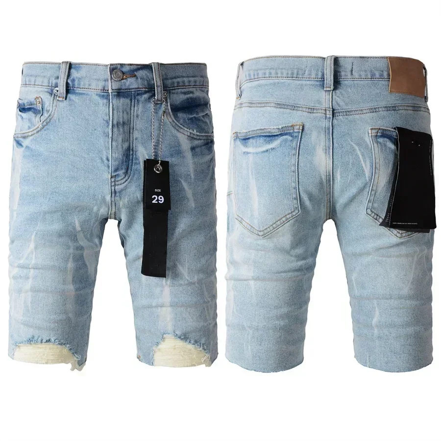 

Top quality New Purples Jeans Shorts Men Trendy Elastic Edged Middle Pants Irregular light Blue Color Washed Denim brands pants