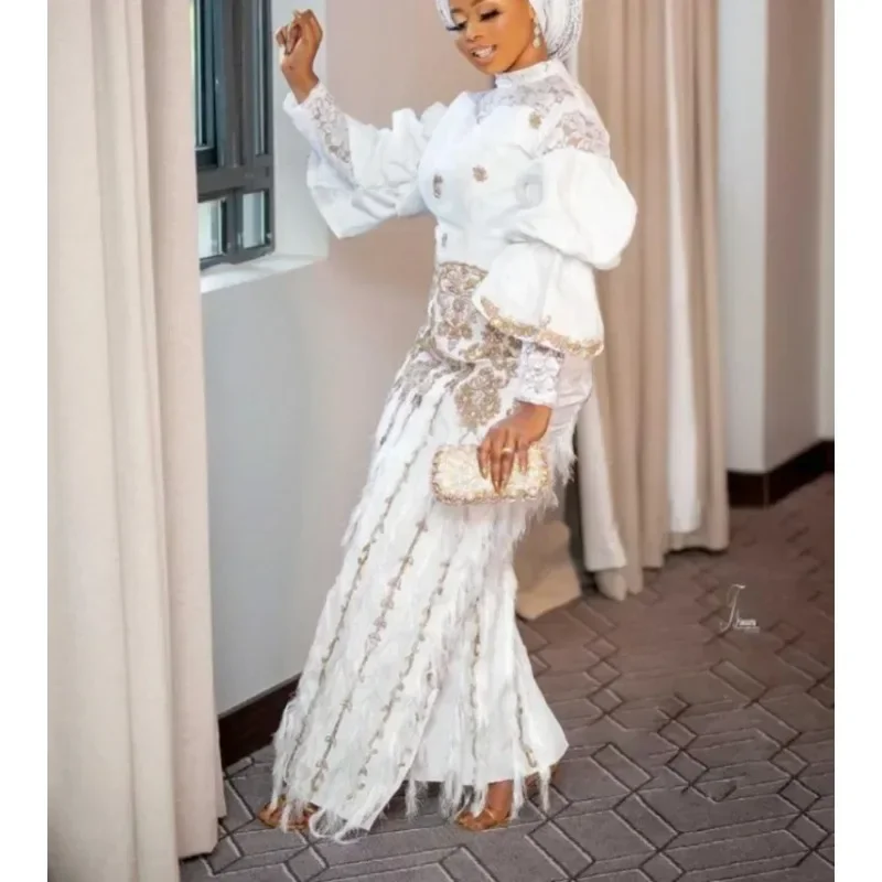 African Wedding Party Clothes for Women Autumn Elegant African Long Sleeve O-neck 2 Piece Top Long Pants Matching Sets Outfits