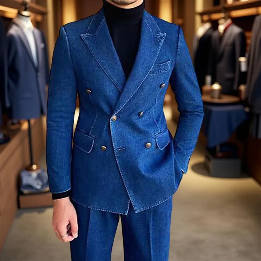 

Denim Double Breasted Men Suits Peak Lapel Flat Front Male Clothing High Quality Casual 2 Piece Jacket Pants Sets Formal Blazer