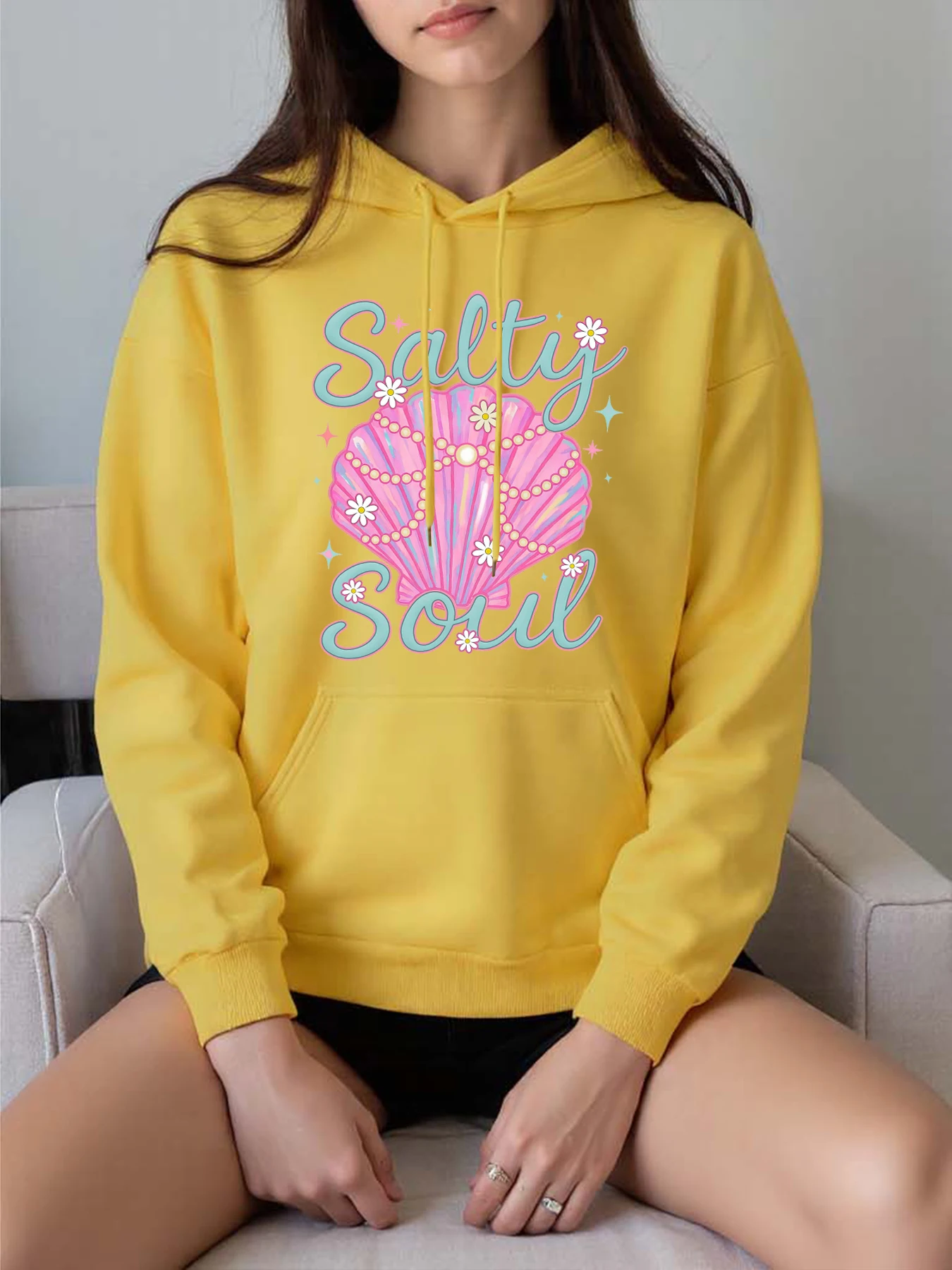 

Salty Soul красивая женская толстовка с принтом ракушек, универсальная осенняя уличная одежда, мягкая удобная толстовка, флисовый пуловер с карманами