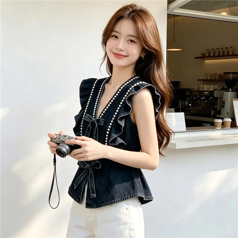Summer Korean Women Short Denim Vest Dark Blue Light Blue Ruffles Flying Sleeve Pearl V-Neck Bow Lace-Up Sleeveless Waistcoat