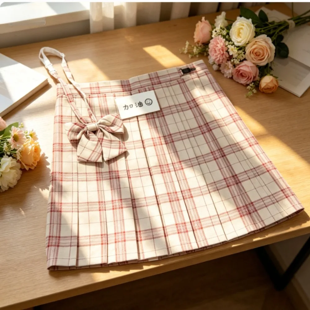 Sweet Japanese College Style Red Plaid Pleated Skirt, High Waist Slim JK Plaid Skirt School Uniform for Campus Daily Casual Wear