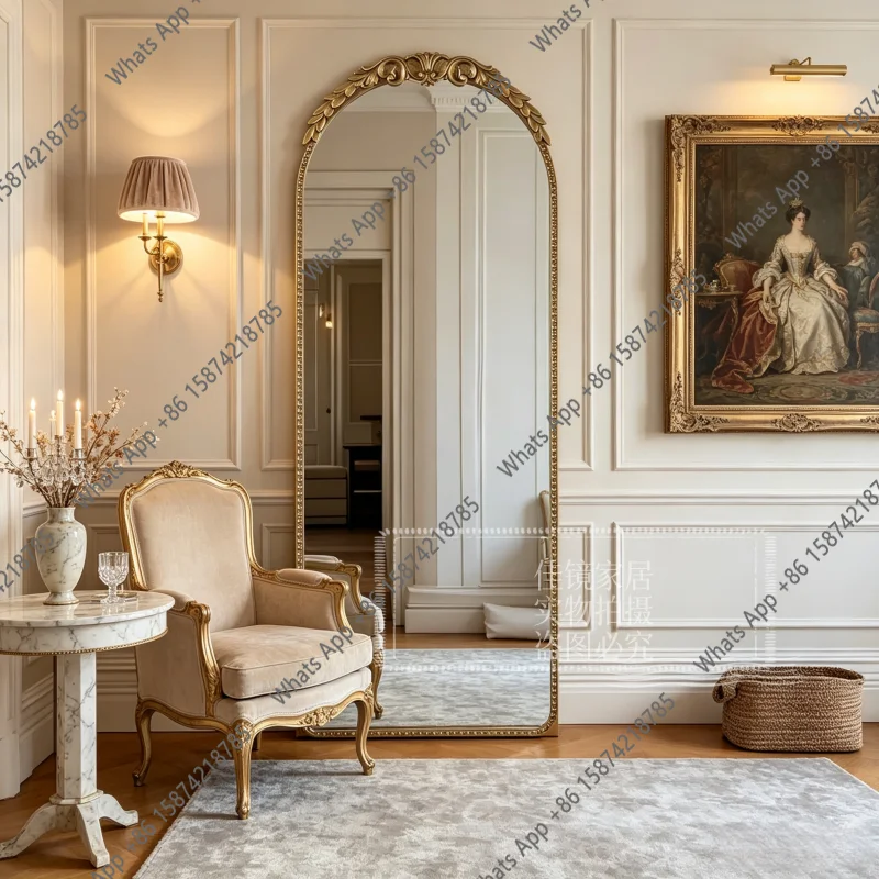 retro carved full-length mirror home bedroom  light luxury floor-to-ceiling full-length mirror medieval arched fitting mirror