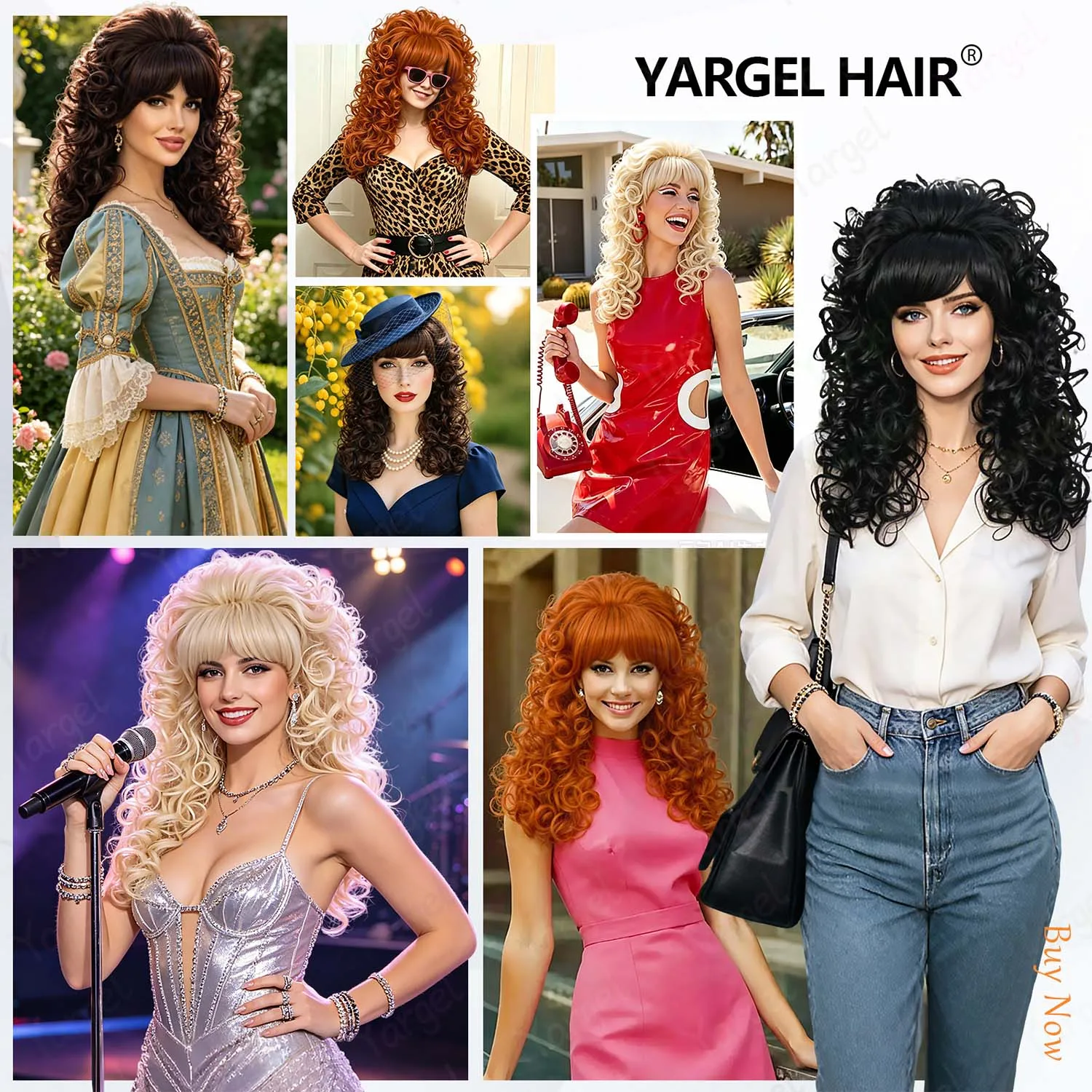 Synthetic Long Blonde Curly Wig with Bangs for Women, Multi Colores Retro Bouffant Beehive Dolly Wig for Halloween Cosplay Party image 2