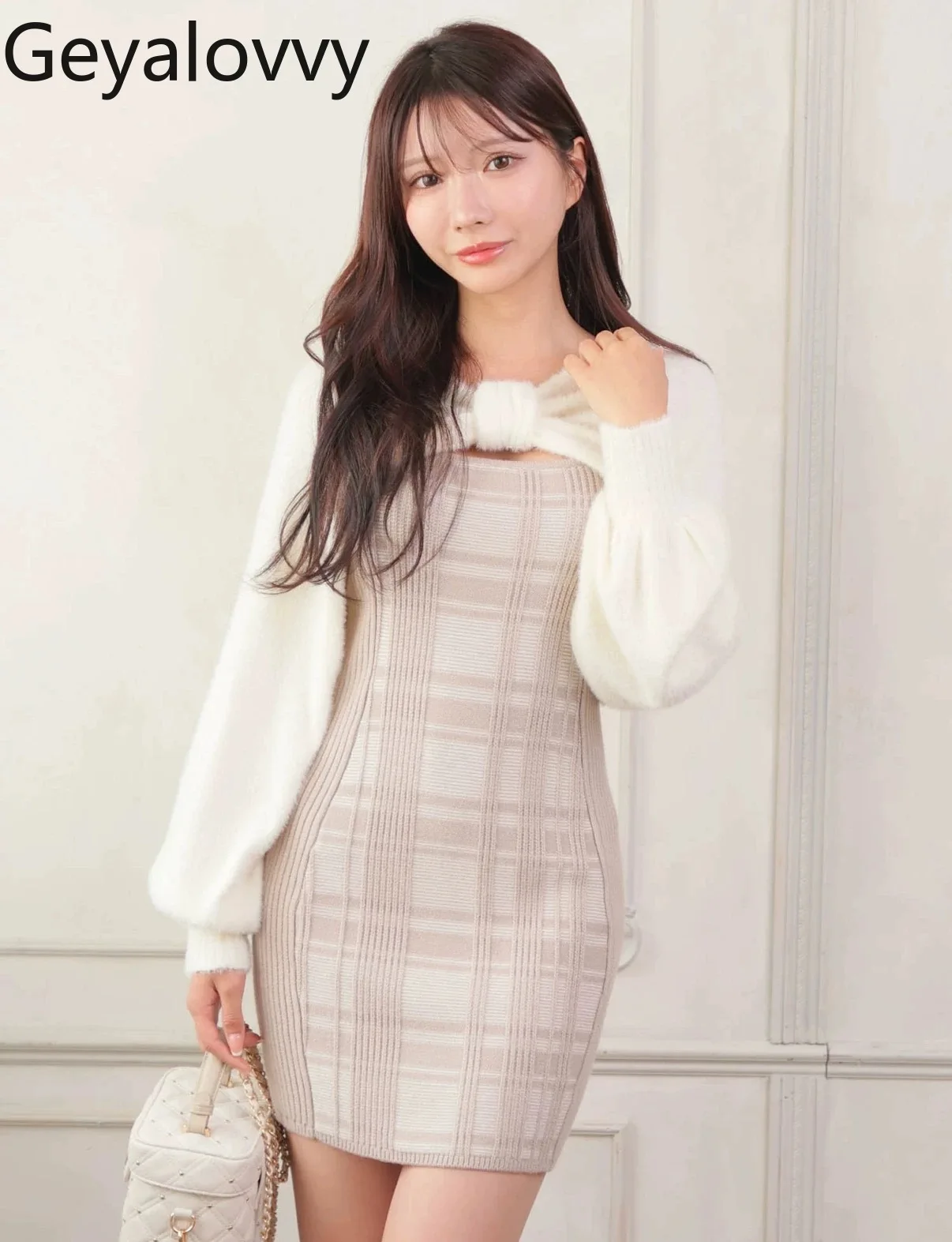 Herfst Winter Japanse Stijl Zoete Taille Afslanken Plaid Slim Fit Gebreide Hemdje Jurk en Lange Mouw Blouse Tweedelige set