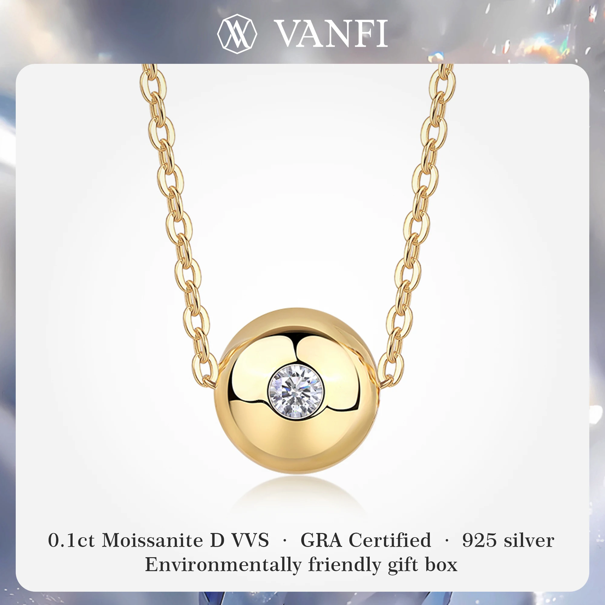 

Kfvanfi 0.1ct Moissanite Women's Necklace S925 Sterling Silver Plated 18k Gold Round Bead Clavicle Chain Pendant Luxury Jewelry