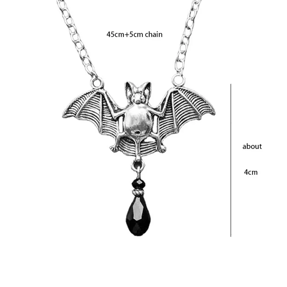 Fashion Vintage Gothic Hip Hop Rock Punk Bat Pendant Necklace with Black Cabochon for Women Men Party Halloween Jewelry Gift