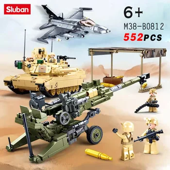 WW II Military US Abrams M1A2 Battle Tank Building Blocks F-16C Falcon Fighter M777 Light HowitzerArmy War Weapon Kids Gift Toy