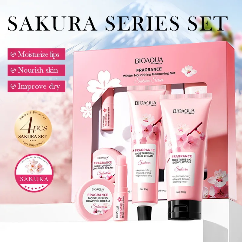 Cherry Blossom Fragrance Winter Nourishing Pampering Set Sakura Lotion Lip Balm Hand Cream Moisturizing Luxury Set Hydrating