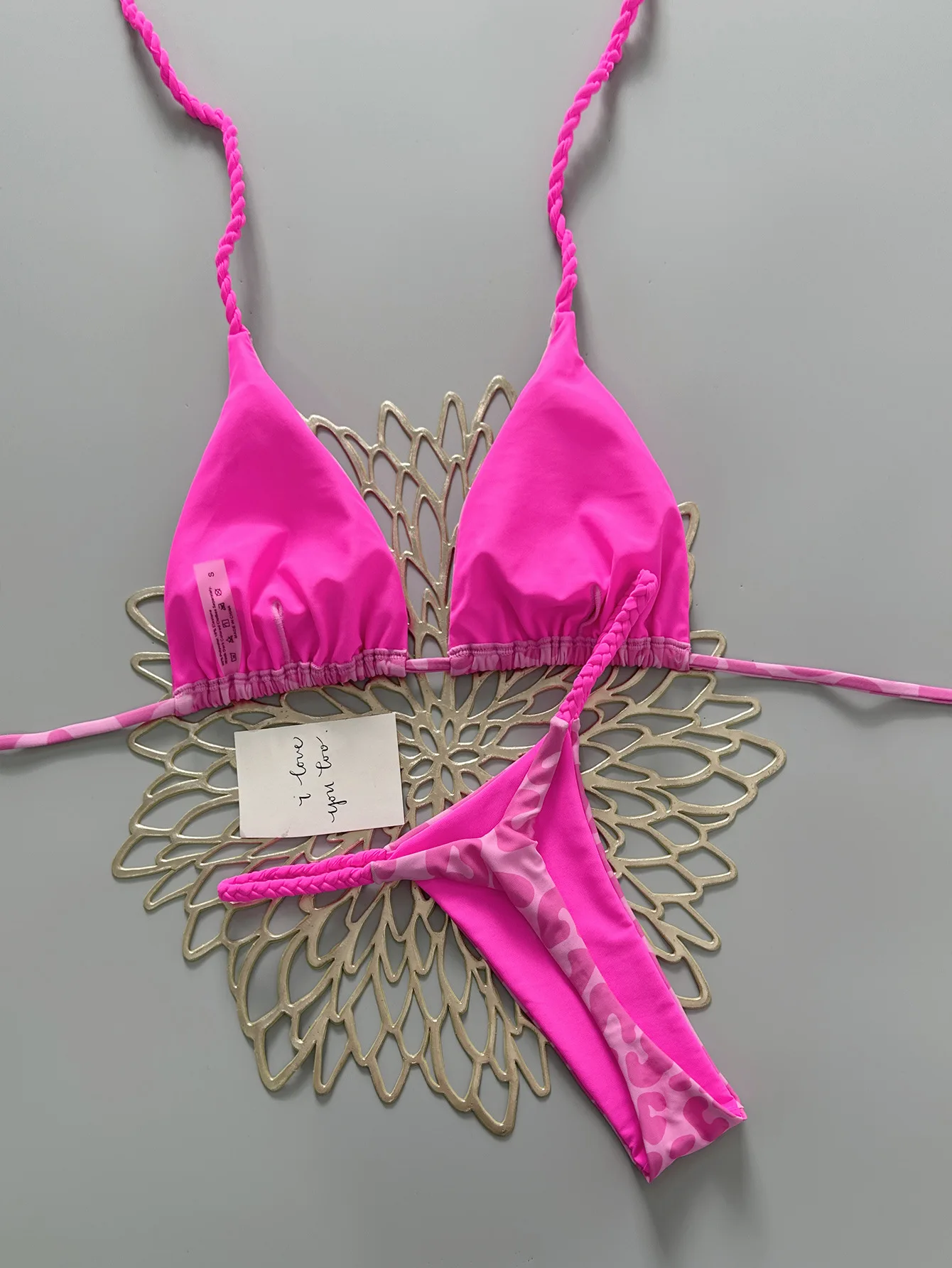 Pink Leopard Print Triangle Bikini Set Women Braided Tie String Two Piece Swimsuit Summer Beach Vacation Slim Bathing Swimwear