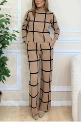 Elegant Plaid Print Suit Half Turtleneck Long Sleeve Pullover Top Straight Pants Two Piece Set 2024 Autumn Office Lady Clothing