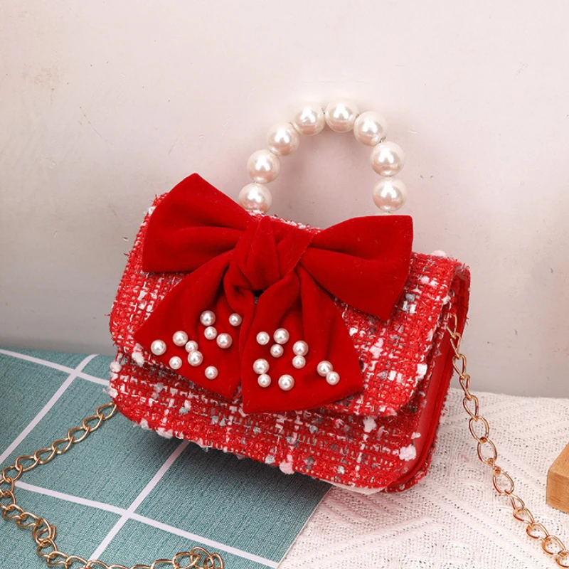 Lace Bowknot Baby Girls Crossbody Bags Sweet Children's Mini Coin Purse Handbags Pearl Handle Princess Shoulder Bag Accessories