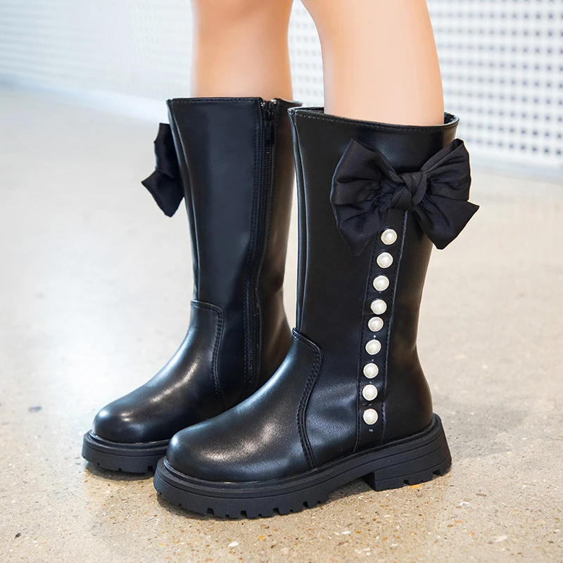 

2025 New Girls High Boots Fashion Versatile Soft Princess Elegant PU Soft Chic Children Fashion Catwalk Boots Kids Shoes