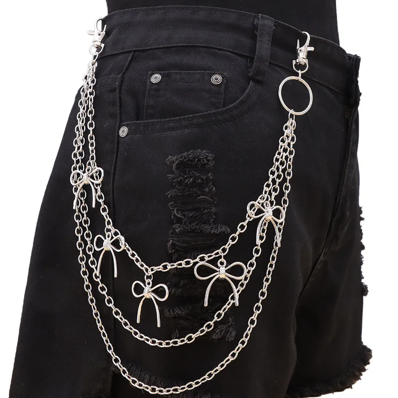 Multi‑Layer Bow Charm Pants Chain Silver Metal Waist Chain Sweet Gothic Y2K Style Jeans Keychain Harajuku Street Fashion
