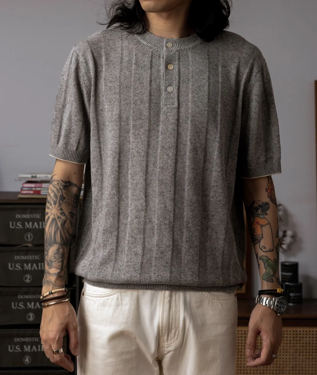 PL-0011 Red Tornado Super Good Quality Mans Linen Knit Polo Shirt Soft Flexible Lyocell Blend Casual Henley Tee