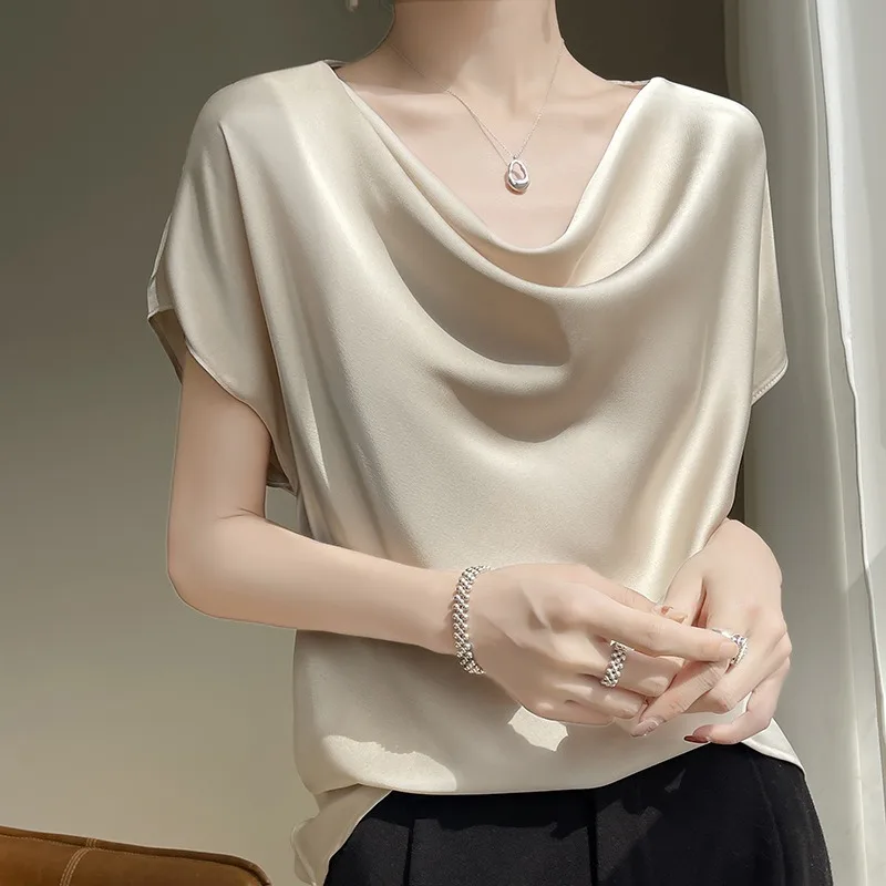 Silk Short Sleeve T-Shirt Women Loose Summer Smooth Satin  Color Top Draped Collar  Silk round Neck Commute Style