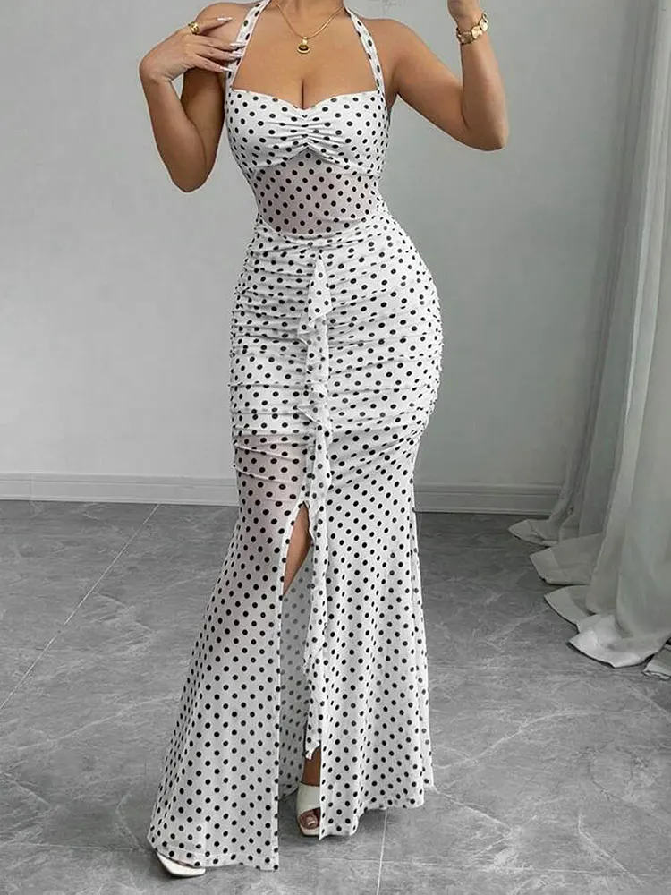 Frauen Maxi Kleider Sommer Neue Streetwear Fashion Print Halter Split Beiläufige Dünnes Kleid Sexy Backless Niedrigen Brust V-ausschnitt Dame Kleid