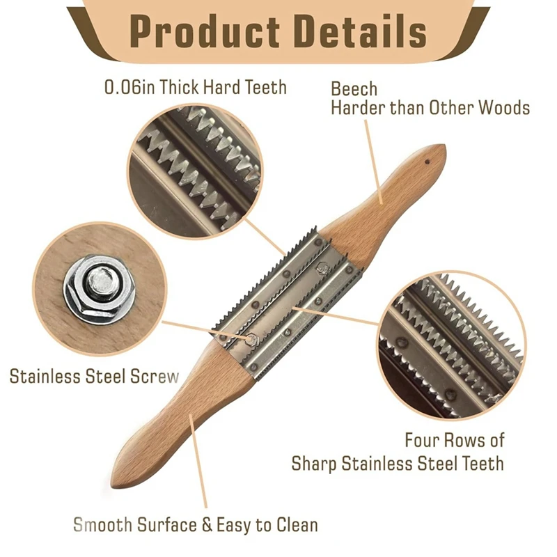 PORK-Buffing Wheel Rake Reinigungswerkzeug zum Polieren von Radverbindungen mit Griff aus Buchenholz und 4-reihigem Metallzahnrechen