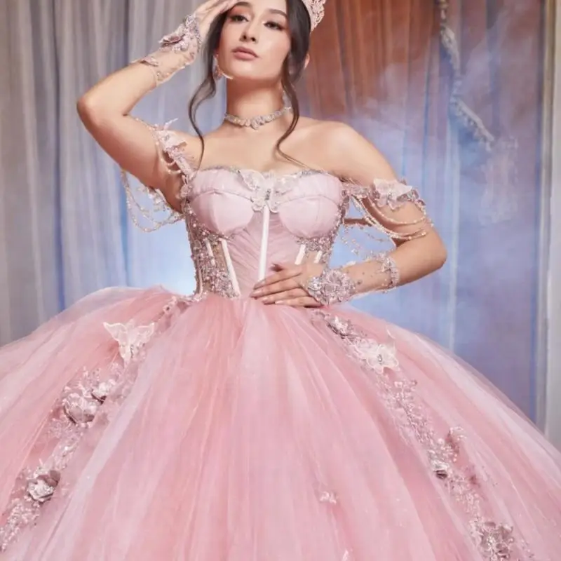 

Princess Pink Quinceanera Dress Ball Gown 3D Butterfly Applique Beaded Mexico Corset Sweet 16 Vestido De 15 Anos