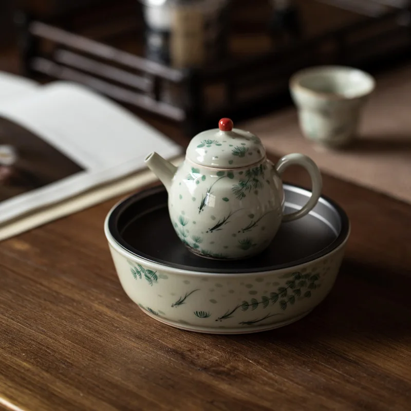 Hand Painted Fish Play Pot Tray Bamboo Tea Tray Porcelain Kung Fu Tea Set Water Storage Tray Saucer Tea Ceremony Tea Table