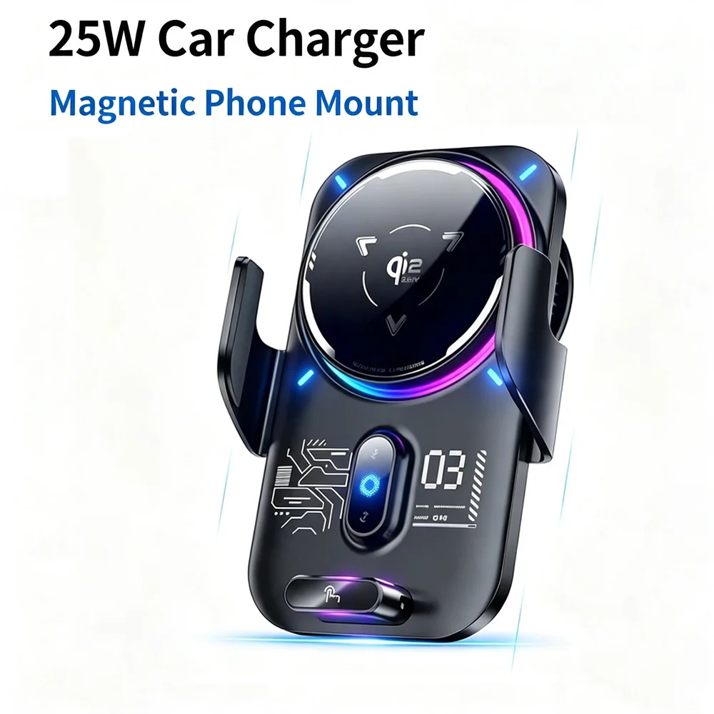 Qi2 25W 2 In 1 Magnetic Wireless Charger Car Phone Holder ICE Cooling Auto Induction RGB Light For iPhone 17 Samsung S25 Ultra