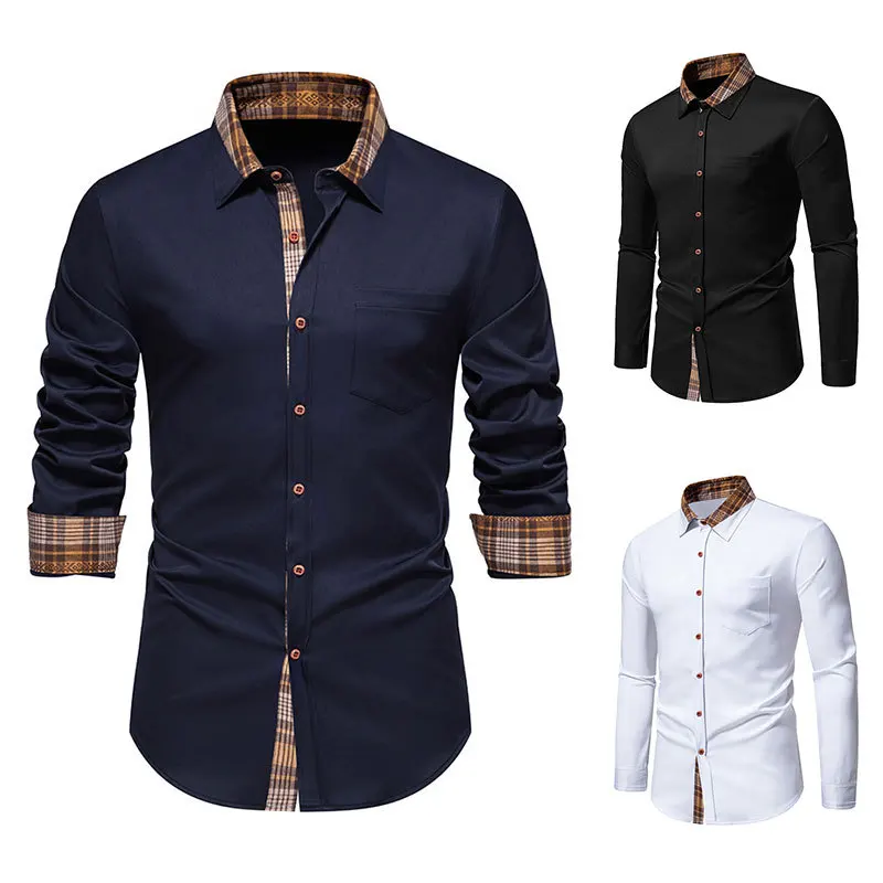 

Spring and Summer New Men's Shirt with Triangular Collar and Checkered Color Blocking Long Sleeved Shirt, Fashionable Trend