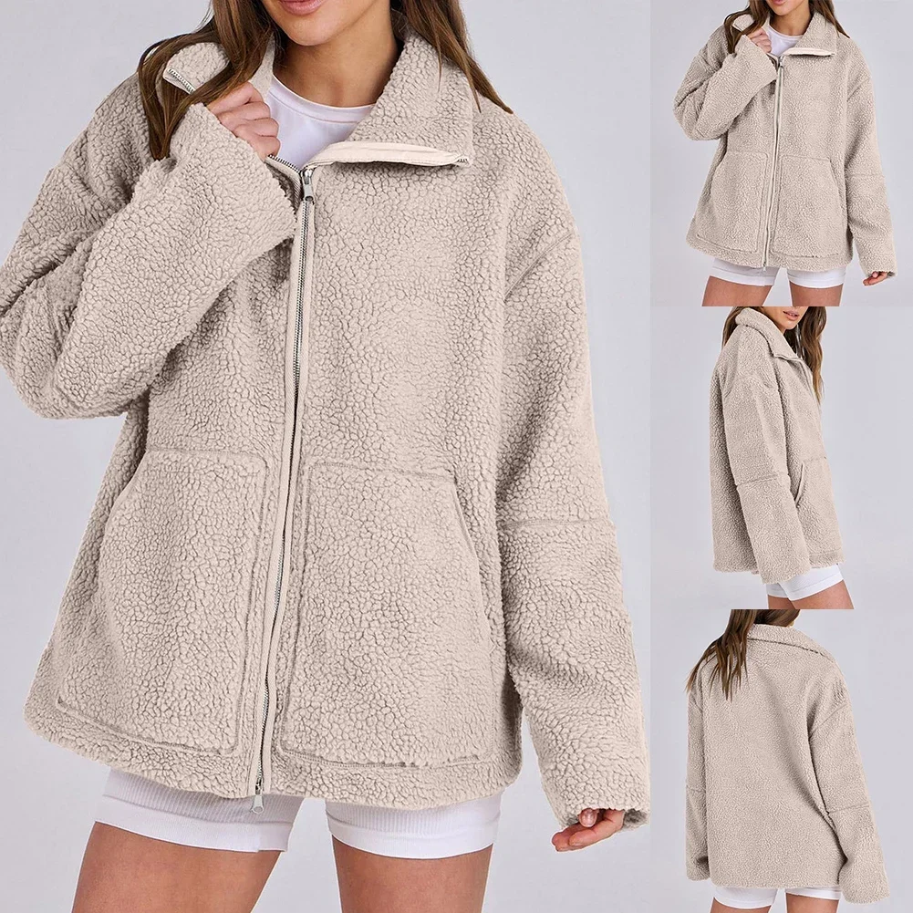 All Season Wear Lambswool Plush Coat Casual Woolen Outerwear Solid Color Design Warm Woolen Fabric Available In Sizes S-2XL