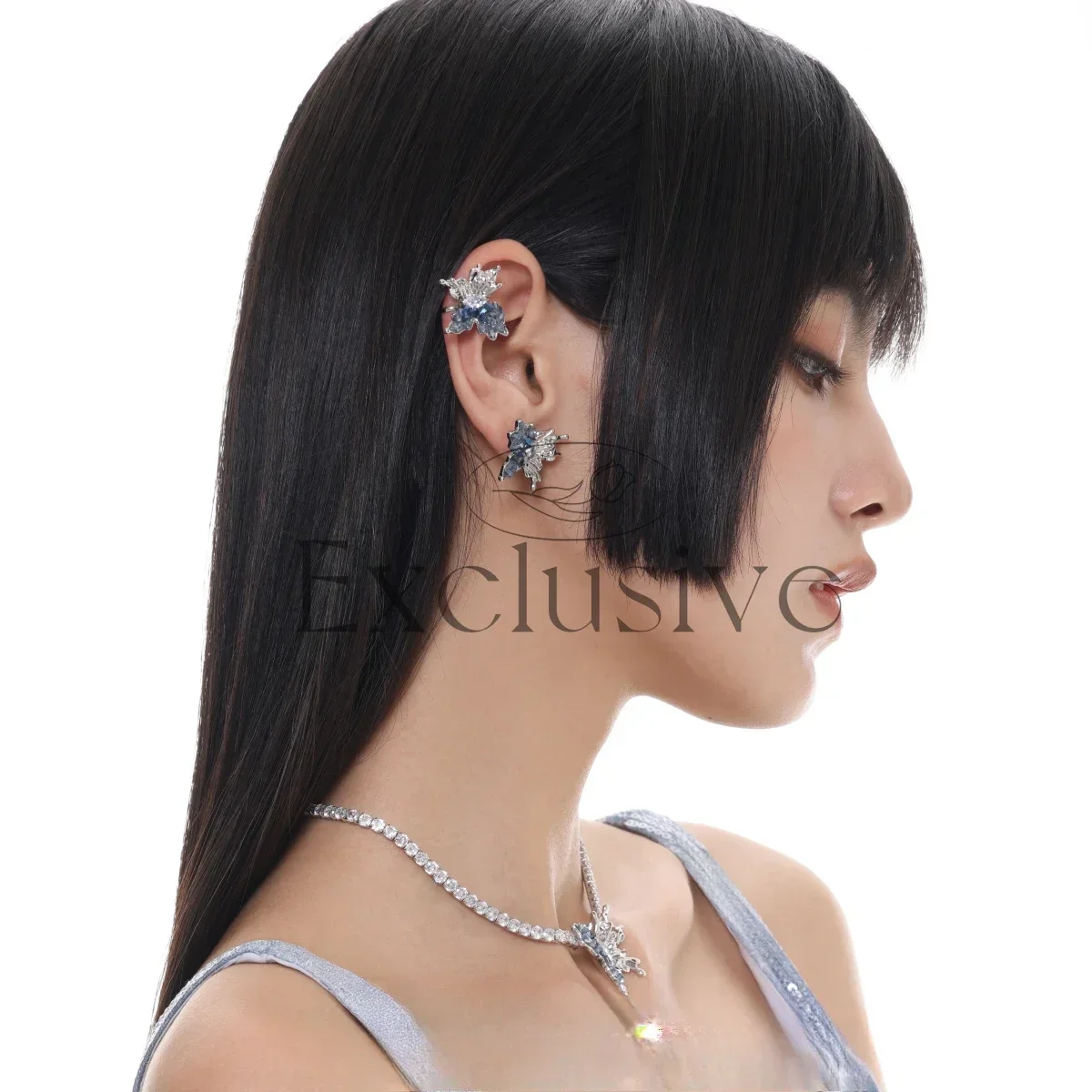 Three-dimensional broken diamonds, gradual change, butterfly stud earrings, earclips, black, blue, no earholes, niche sweet