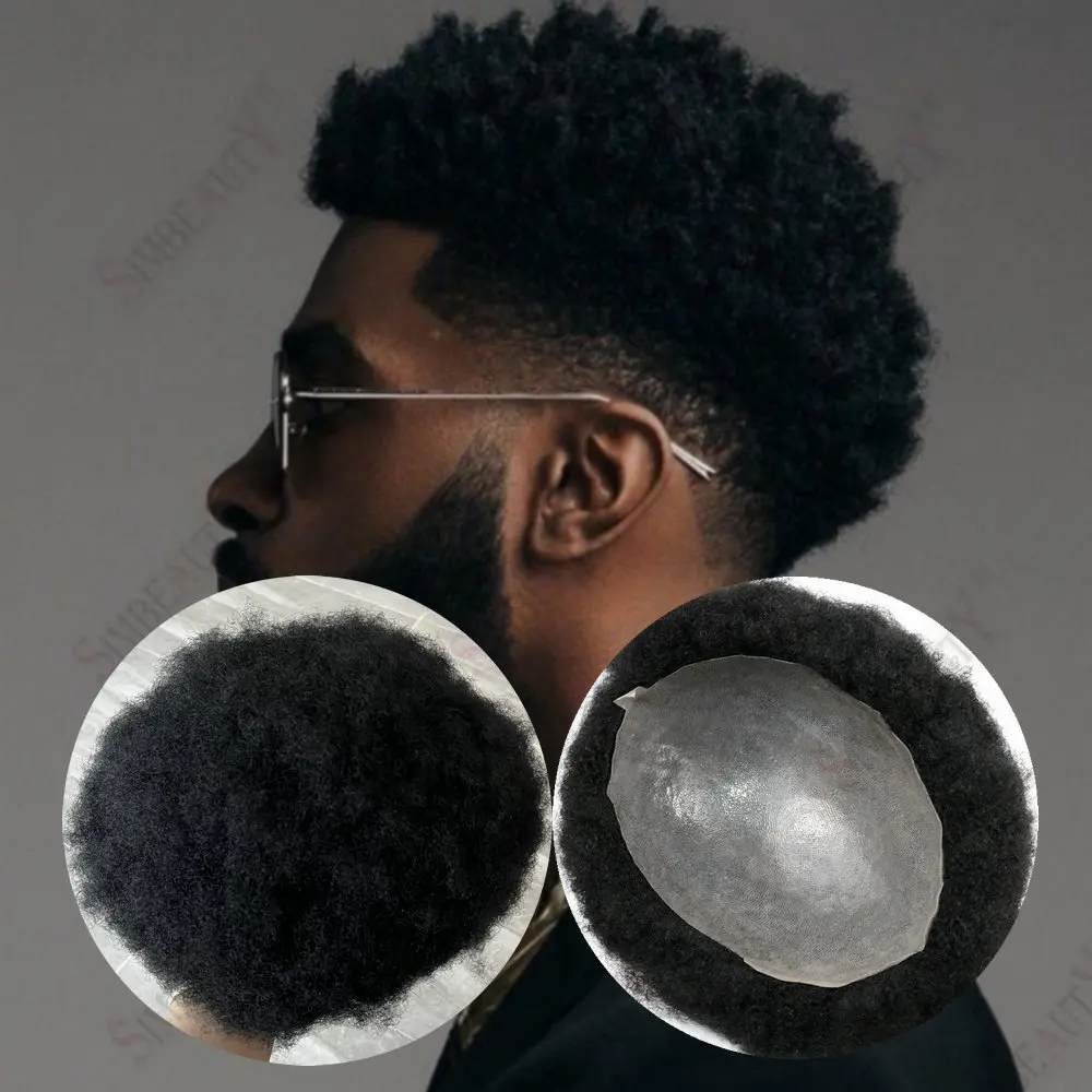 4 مللي متر الأفرو مجعد الشعر الذكور الشعرية دائم رقيقة الجلد بولي Prosthesis الرجال استبدال نظام وحدة الرجال الشعر المستعار 100% باروكة من شعر طبيعي