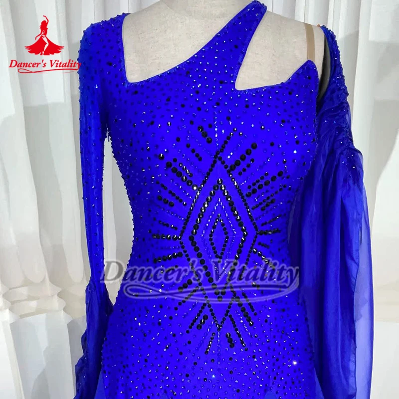 고급스러운 우아함 블루 소셜 댄스 롱 슬리브 드레스 맞춤 성인 왈츠 탱고 대회 및 공연 AB 스톤 의류
