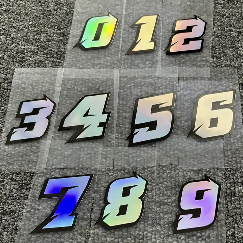 Holographic Racing Number Stickers Colorful Laser Reflective Vinyl Decals for Motorcycle Helmet Mod Creative Decor