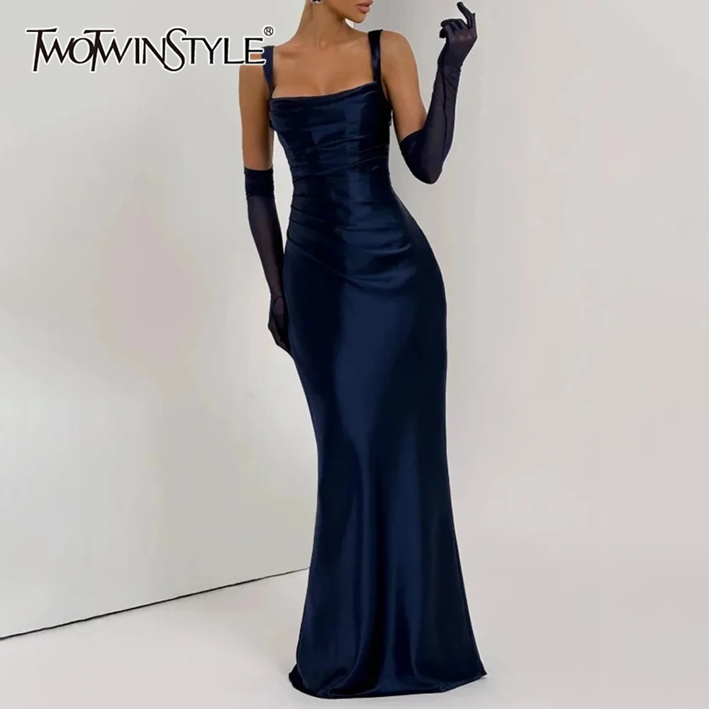 TWOTWINSTYLE Sexy Satin Evening Long Dresses for Women Square Collar Sleeveless High Waist Folds Slimming Bodycon Dress Female