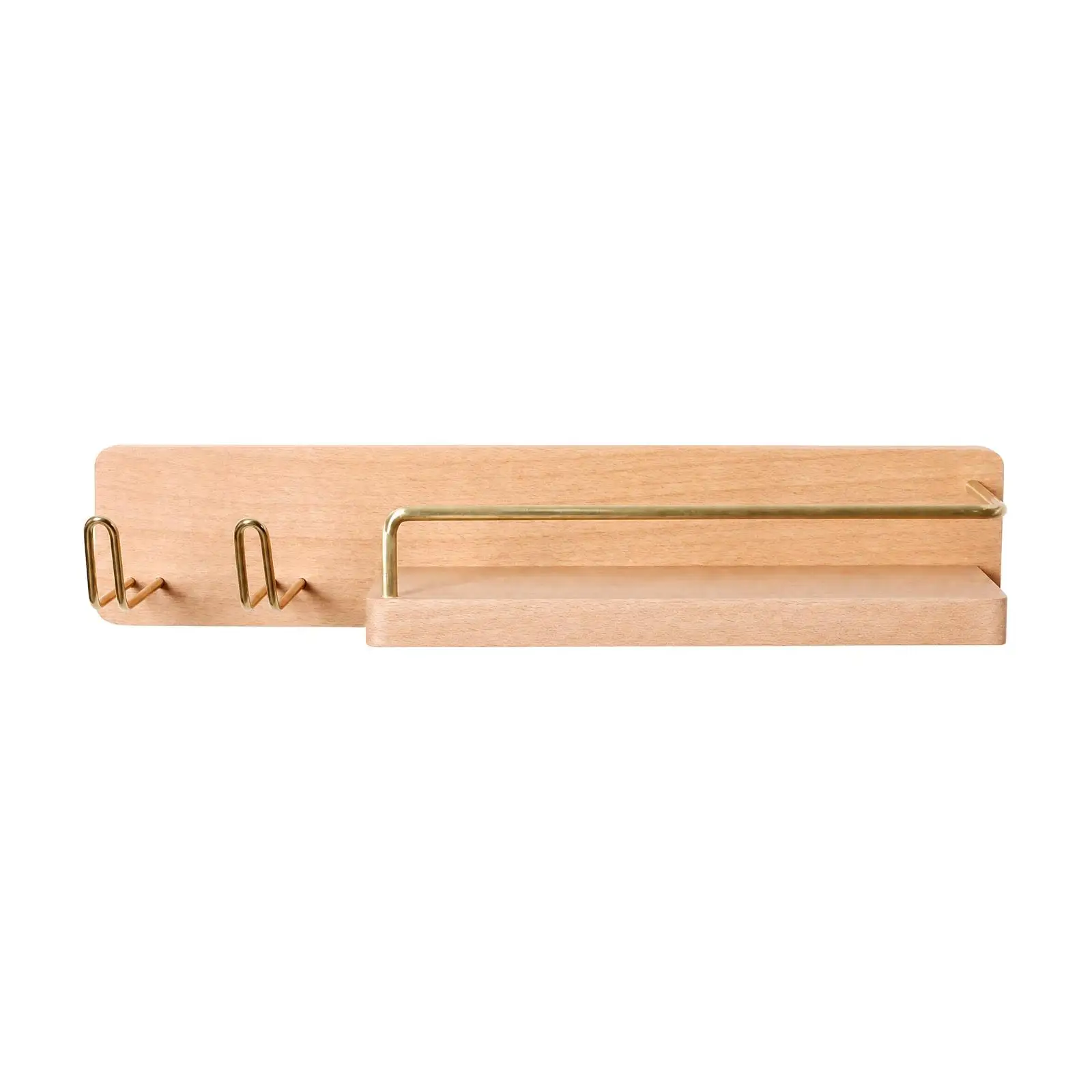 Hair Dryer Storage Rack Wall Shelf Beech Wood Brass Bathroom Organizer for Styling Tools Cosmetics and Small Items