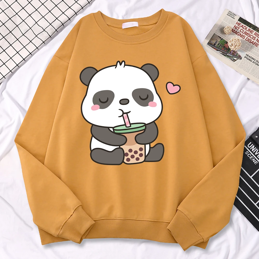 Simple Casual Womens Sweatshirts Pandas Love Drinking Pearl Milk Tea Print Hoodies Warm Fleece Pullovers Crewneck Soft Clothes