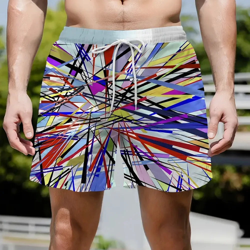 New Men's Beach Pants Color Lines 3D Printed Men's Shorts Summer Casual Breathable Shorts Men's Street Men's Clothing