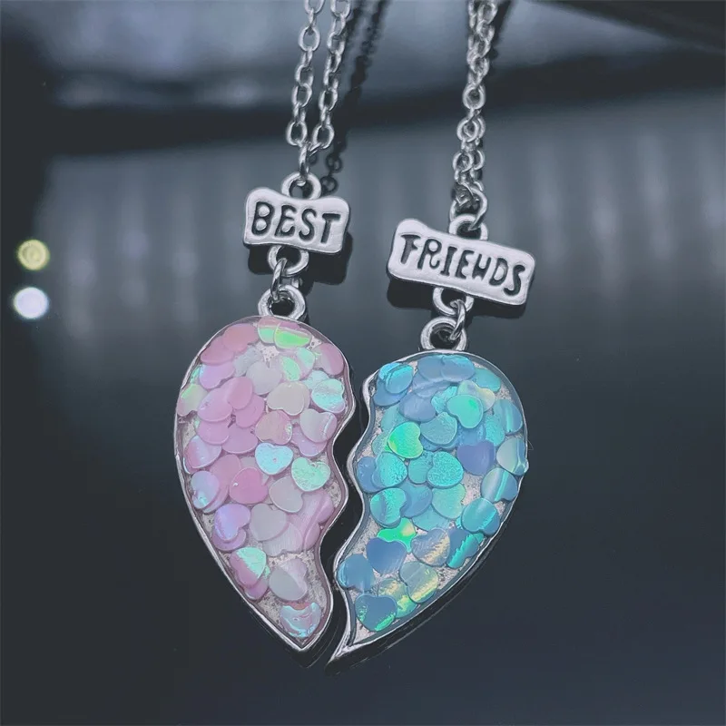 2 Pcs/Set Colorful Sequin Heart-Shaped Necklace Best Friend Pendant Creative Alloy Friendship Necklace Best Friend Necklace