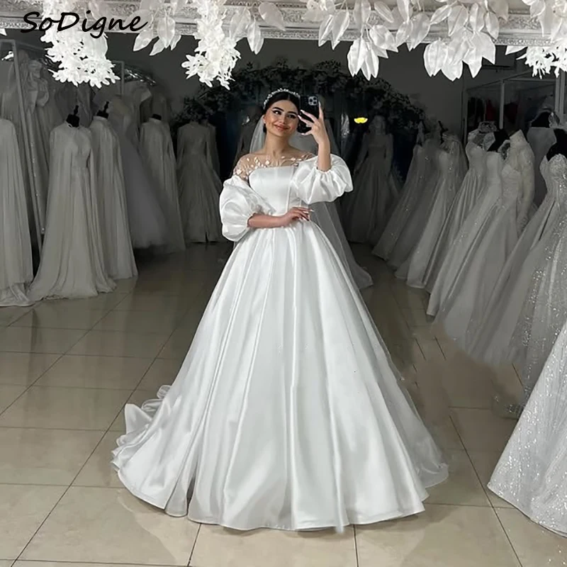 SoDigne A-line Satin Wedding Dresses O-neck Puffy Sleeves Applique Bridal Dress Elegant Wedding Gown Robe De Mairee ﻿Customized