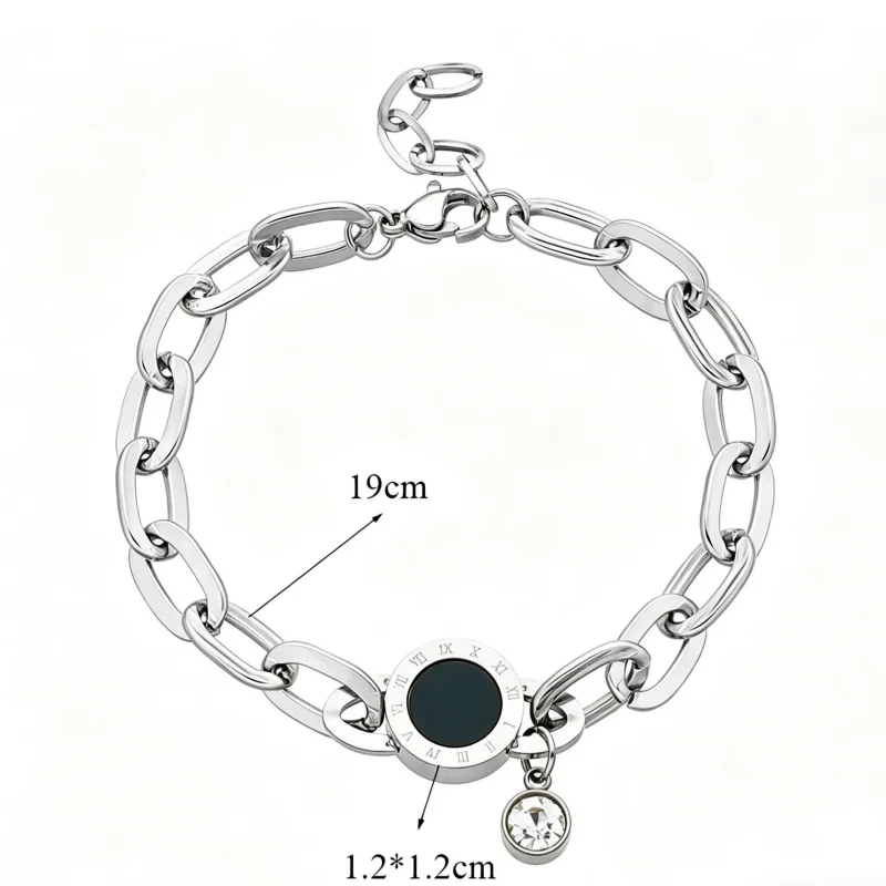 LAMENGL 316L Stainless Steel Black Round Roman Numerals Zircon Upscale Jewelry Charm Thick Chain Bracelets Gift For Women Girls